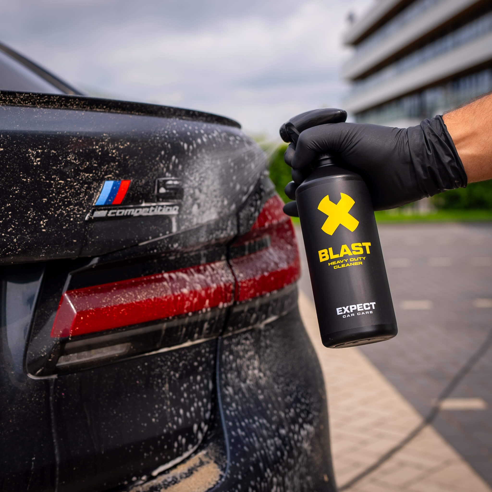 Expect Car Care Blast Heavy Duty Cleaner being applied to a BMW M5 Competition